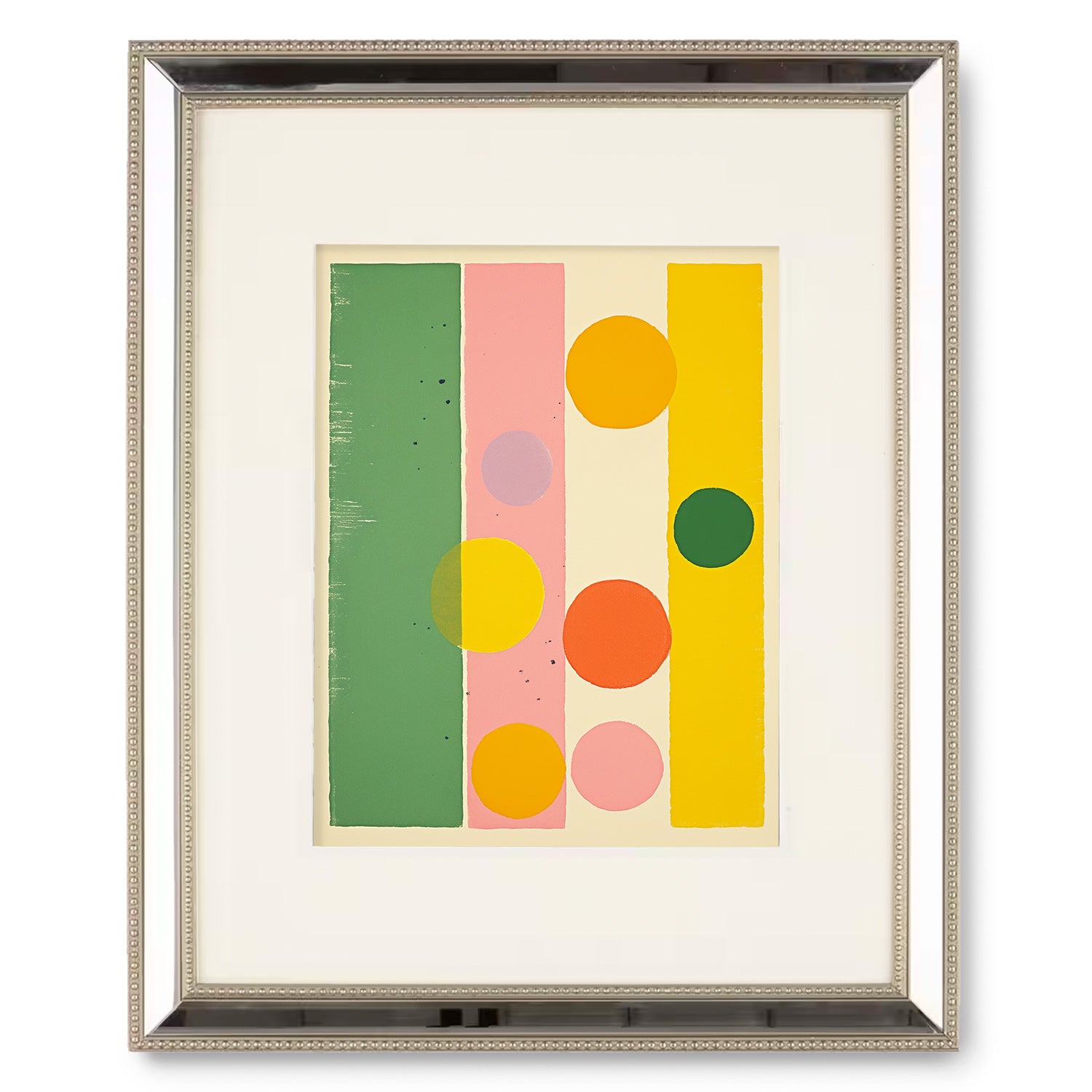 A Mod Molecules framed art print with a yellow, green, and pink background by Stannie & Lloyd.