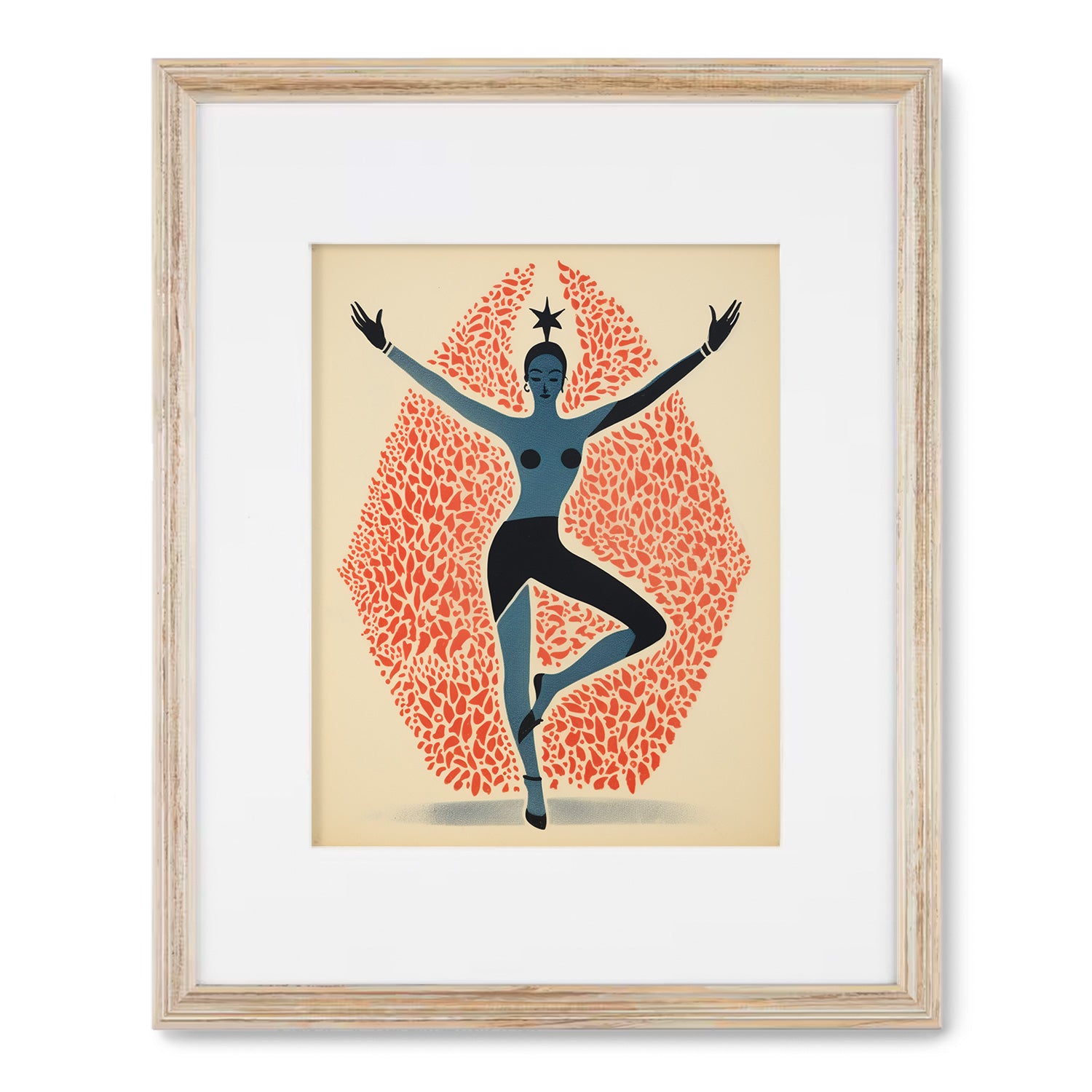 A Vivre framed print of a woman in a yoga pose, encased within a Stannie & Lloyd beautiful wood frame.