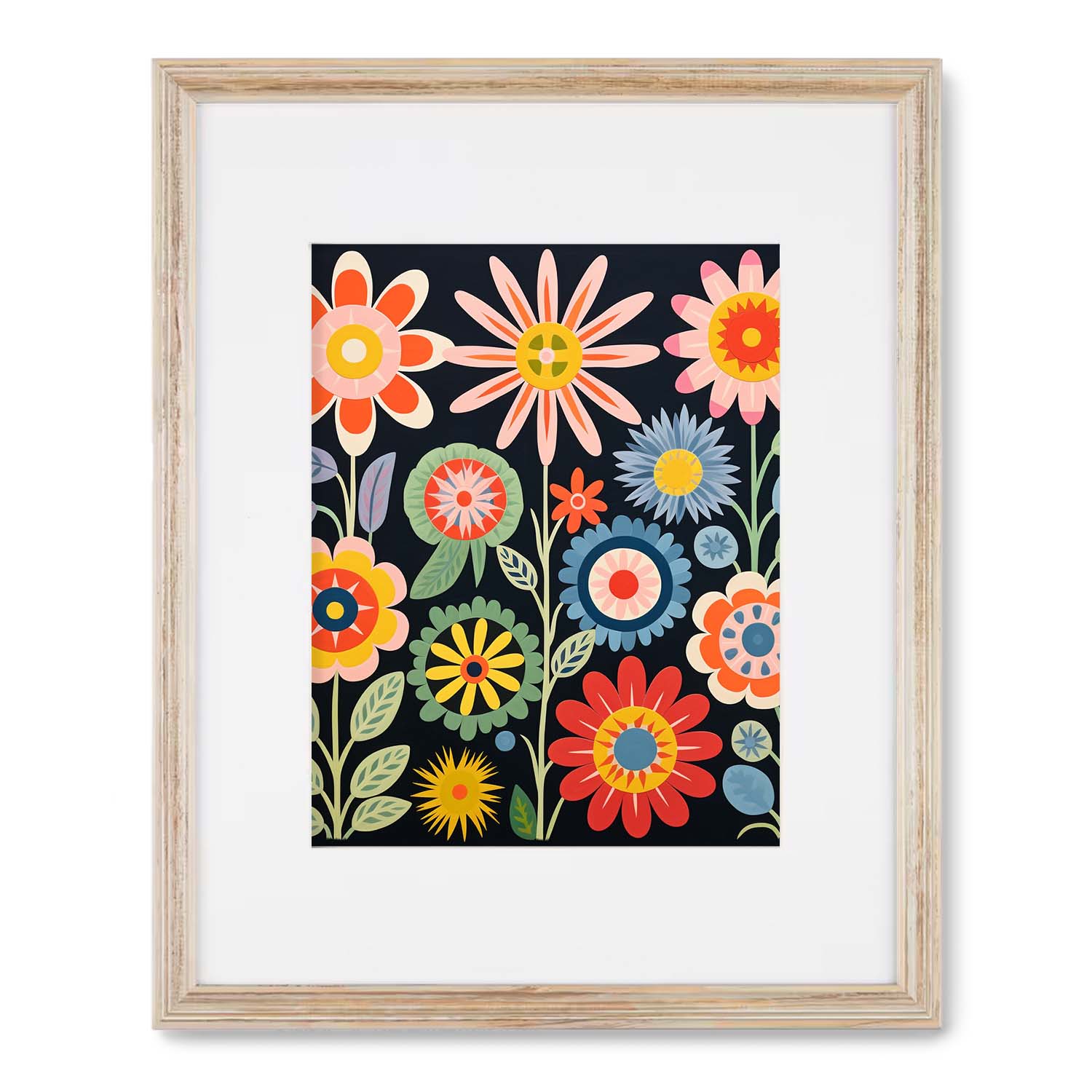 A framed illustration of Folk Flowers Grow Tall on a dark background, serving as captivating vintage wall art by Stannie & Lloyd.