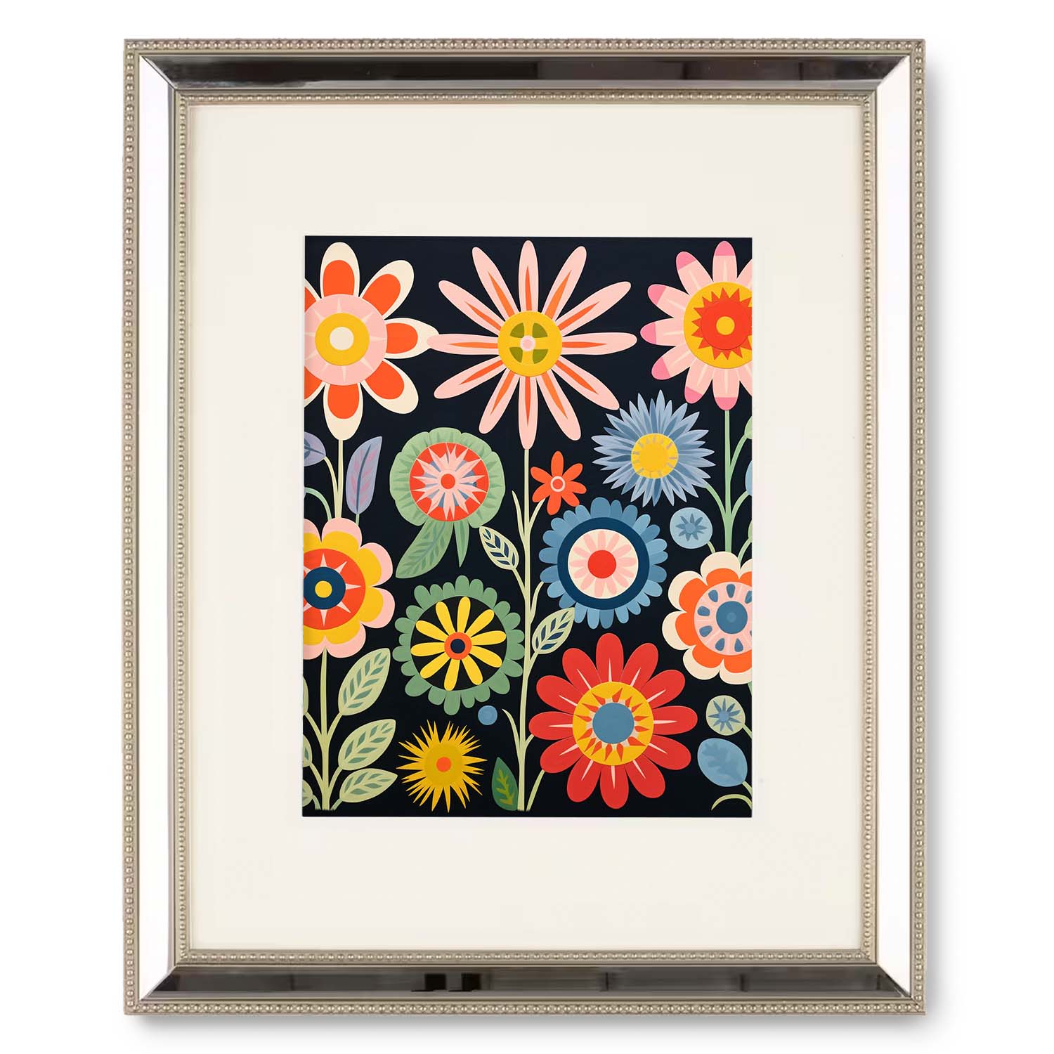 Vintage wall art featuring the Folk Flowers Grow Tall prints in a white frame against a black background by Stannie & Lloyd.