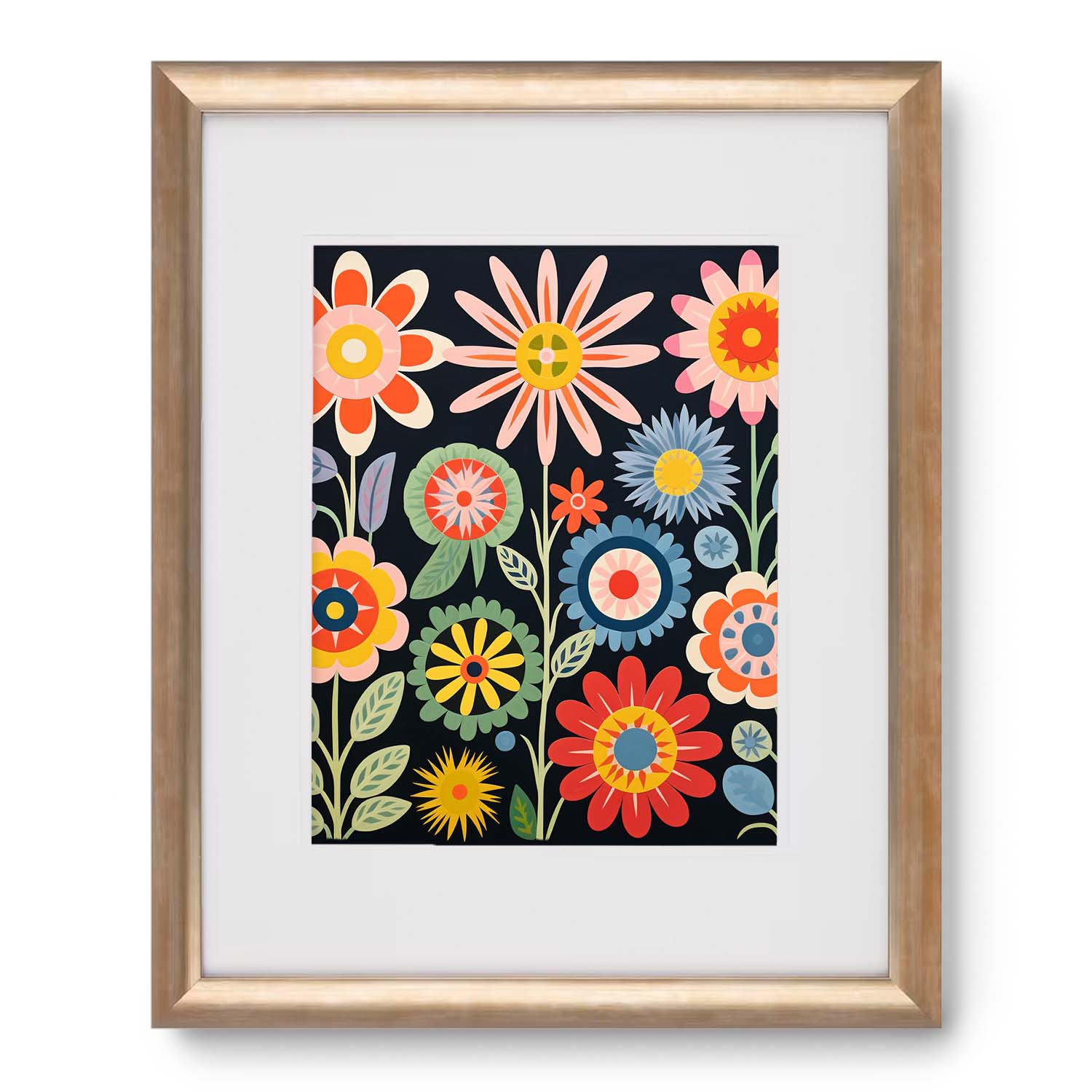 Colorful Folk Flowers Grow Tall wall art prints by Stannie & Lloyd in a wooden frame.