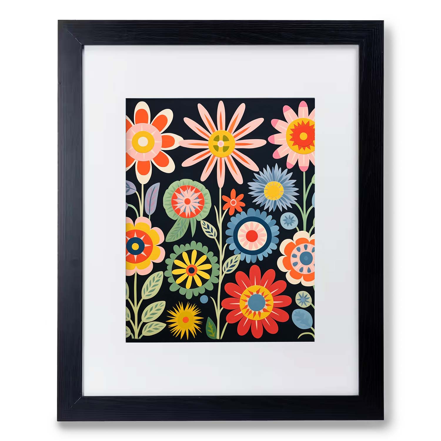 A framed prints of Folk Flowers Grow Tall art featuring a colorful floral pattern on a dark background by Stannie & Lloyd.