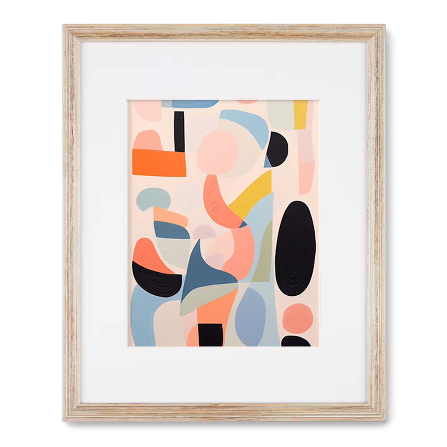 Abstract painting with pastel colors and organic shapes framed in a wooden frame, enhanced by walls with Stannie & Lloyd's "Jazz in the Afternoons" art.