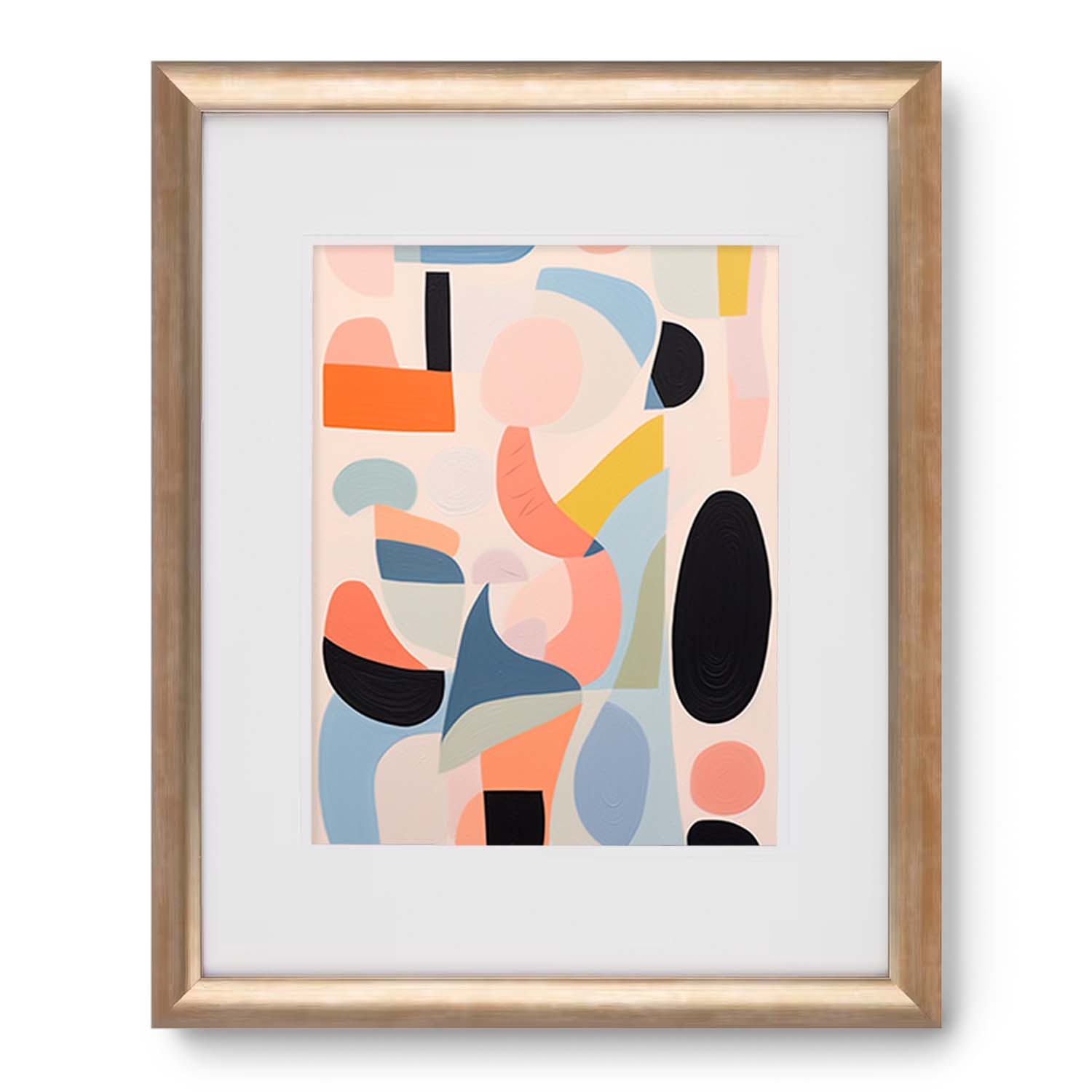 Abstract poster with curvilinear shapes in pastel and dark tones, framed in light wood, by Stannie & Lloyd's Jazz in the Afternoons.