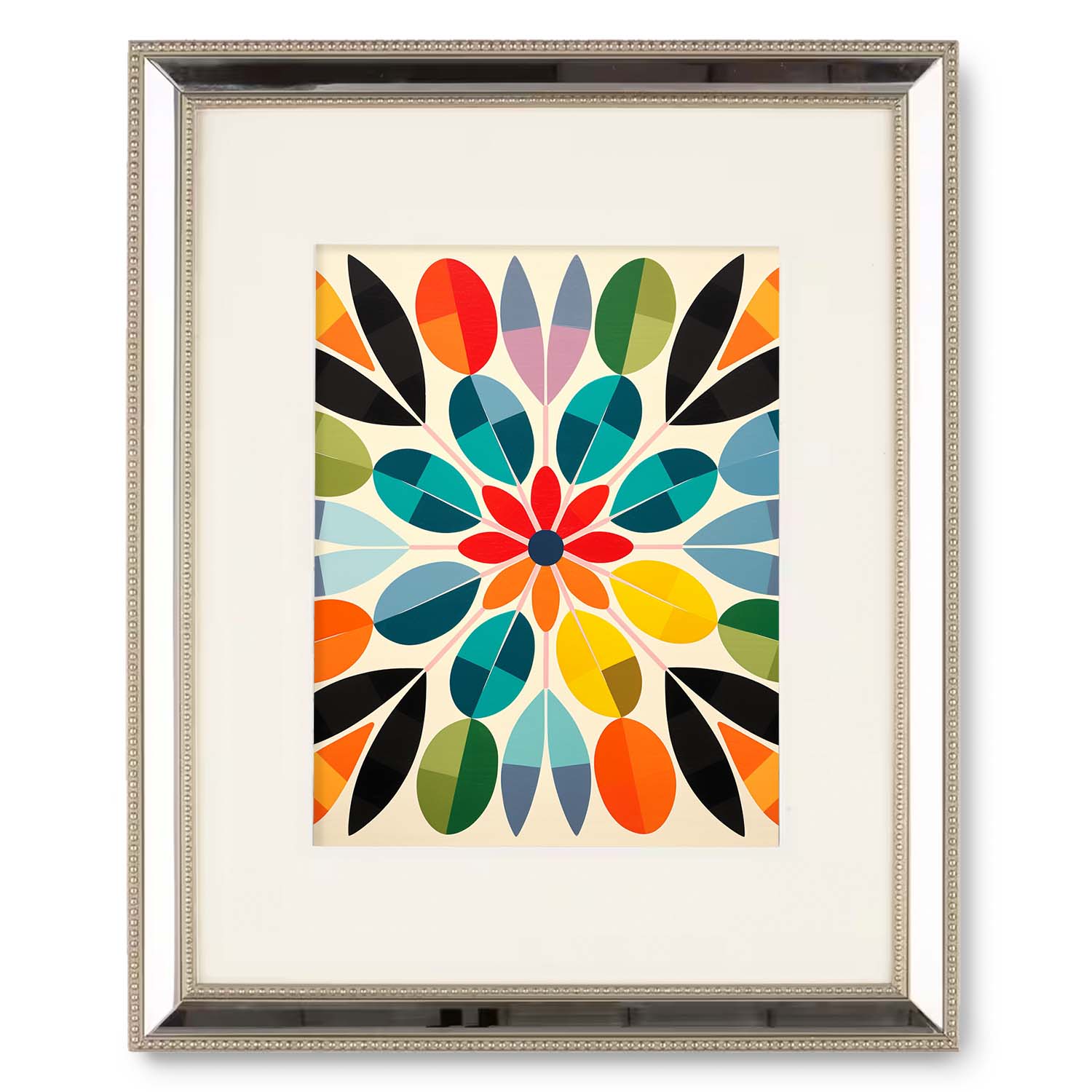 A framed Radiate Love artwork by Stannie & Lloyd featuring a colorful, symmetrical petal-like pattern on a white background, ideal for wall art prints.