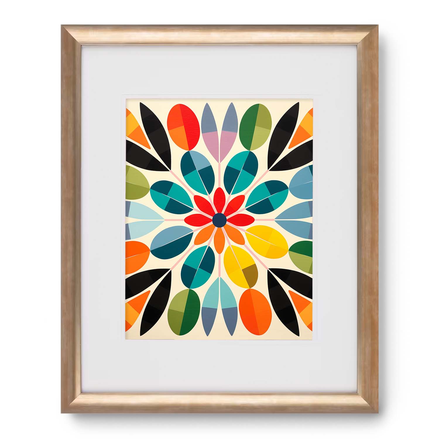 Colorful geometric floral Radiate Love wall art prints in a Stannie & Lloyd wooden frame.