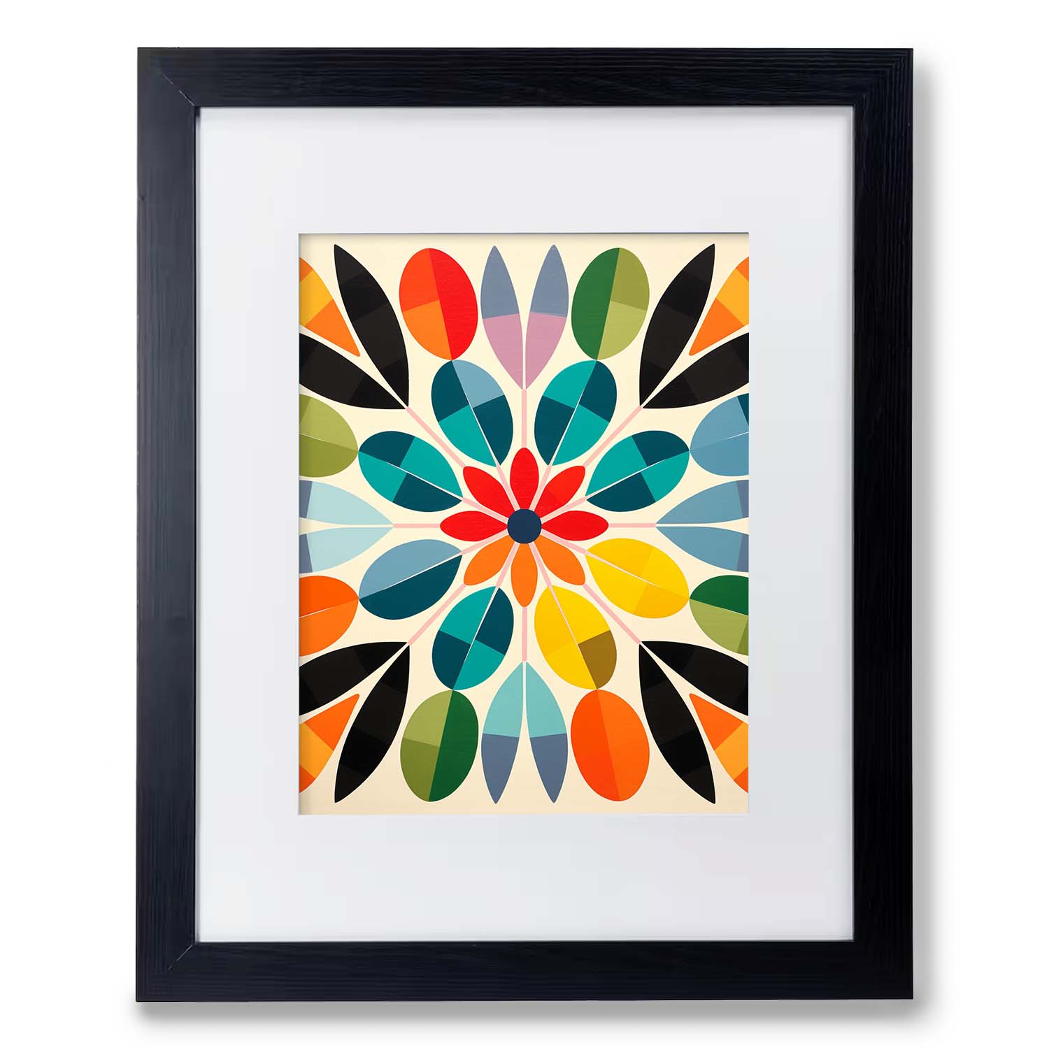 Framed geometric floral vintage poster with colorful, symmetrical petal shapes on a white background by Stannie & Lloyd's Radiate Love.