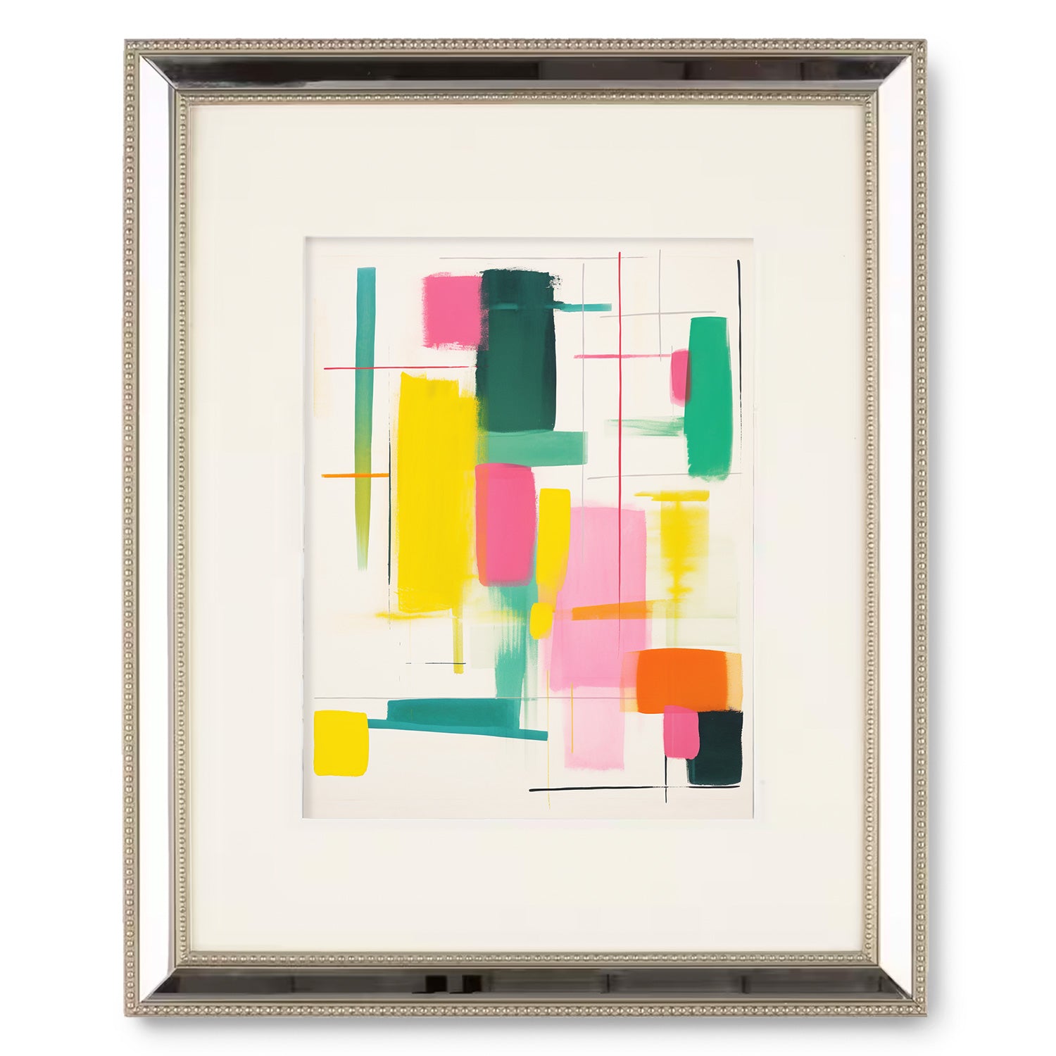 A framed abstract painting featuring yellow, pink, and green Skeins of Thread by Stannie & Lloyd.