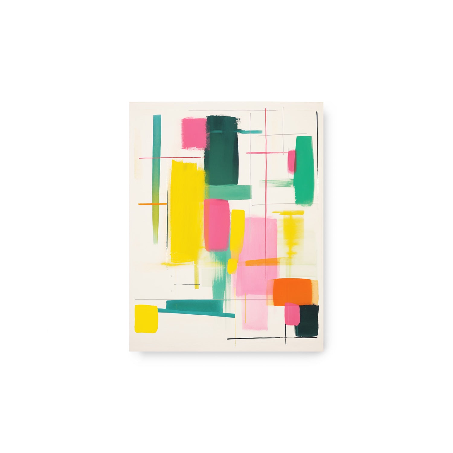 A vibrant abstract painting featuring pink, green, and yellow squares. Perfect as Stannie & Lloyd Skeins of Thread wall art prints for a touch of vintage charm.