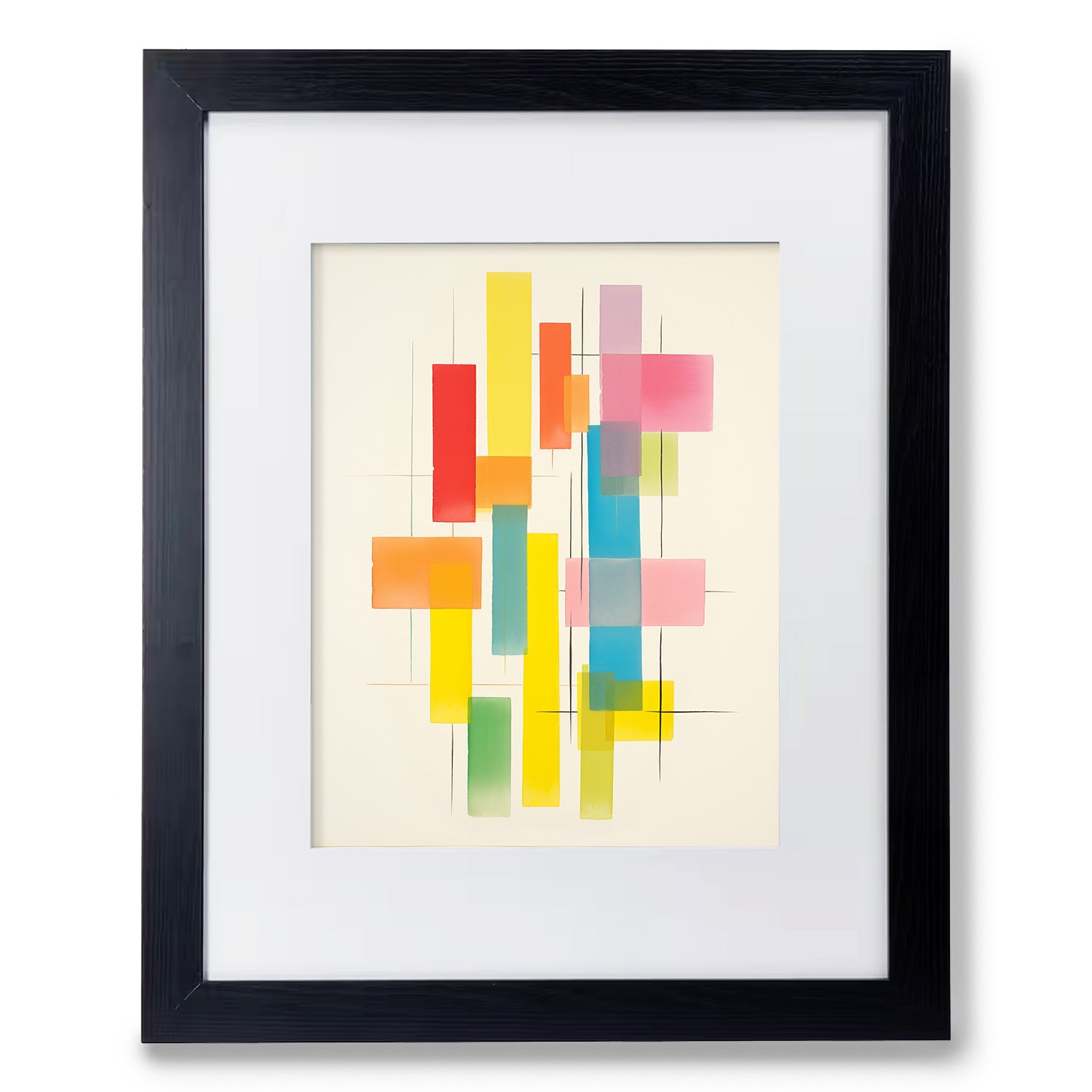 A framed print of colorful squares in a black frame, perfect as wall art or a vintage poster, featuring Skeins of Yarn by Stannie & Lloyd.