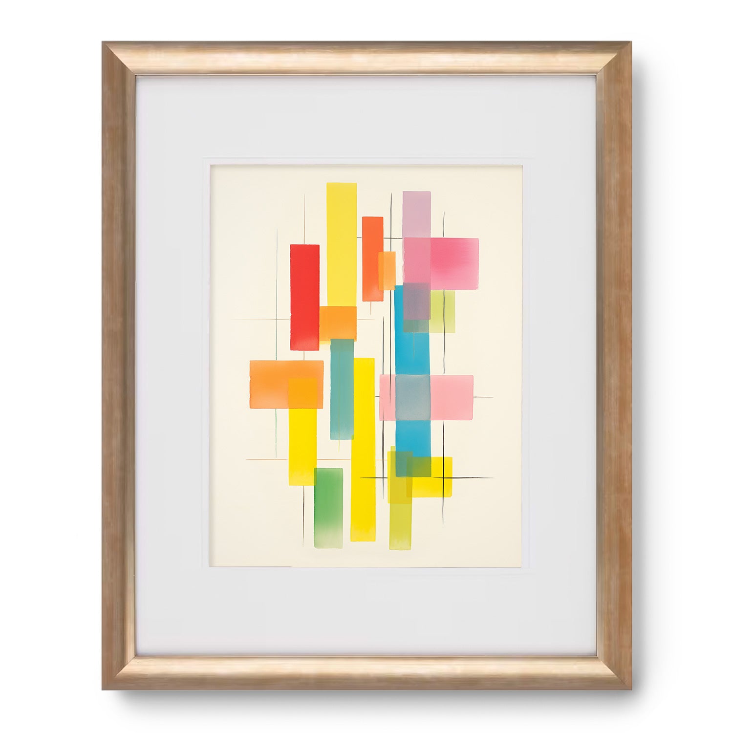 A Skeins of Yarn poster adorned with colorful squares encased in a gold frame by Stannie & Lloyd.