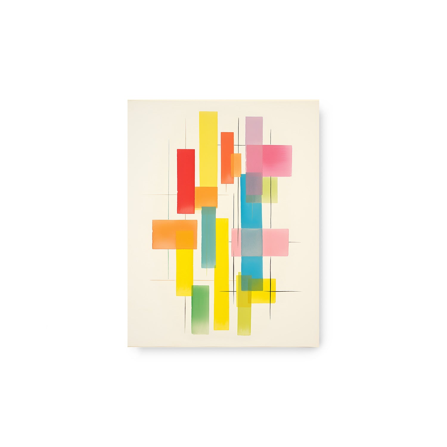 A vibrant abstract painting featuring colorful squares on a white background, perfect for Skeins of Yarn by Stannie & Lloyd wall art prints.