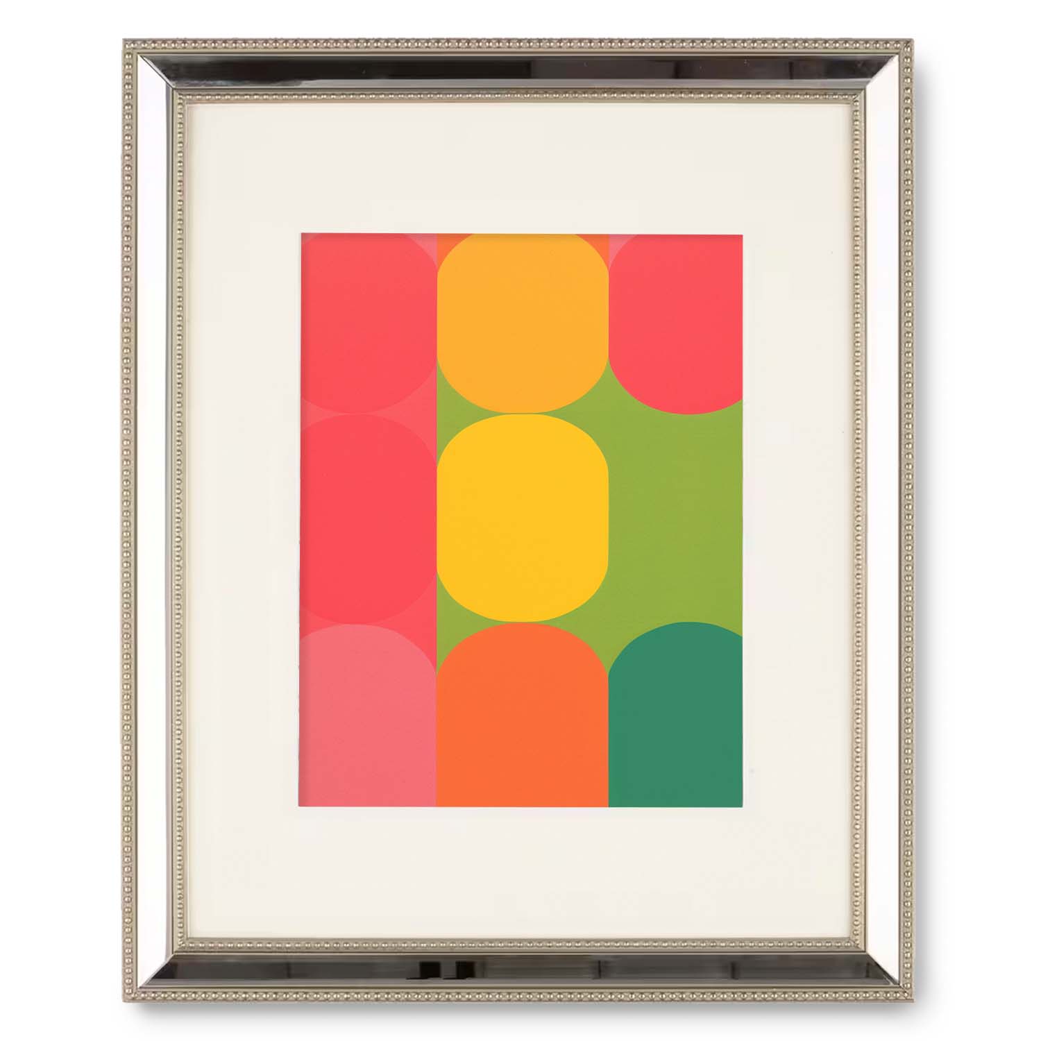 A framed abstract poster featuring overlapping geometric shapes in warm colors, perfect as Buttoned Up wall art prints by Stannie & Lloyd.