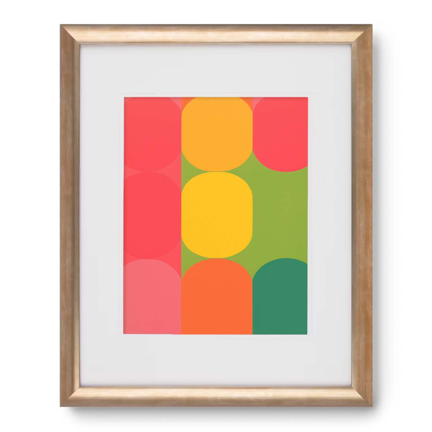 Abstract geometric Buttoned Up wall art prints with overlapping circles in warm colors, framed in light wood by Stannie & Lloyd.