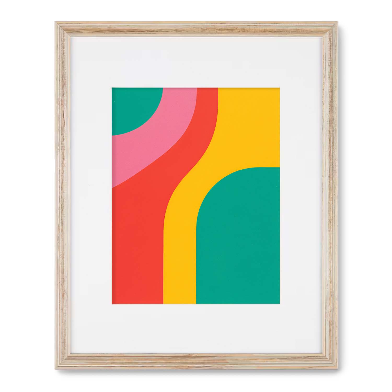 Abstract colorful Good Vibrations wall art prints with curved shapes framed in wood by Stannie & Lloyd.