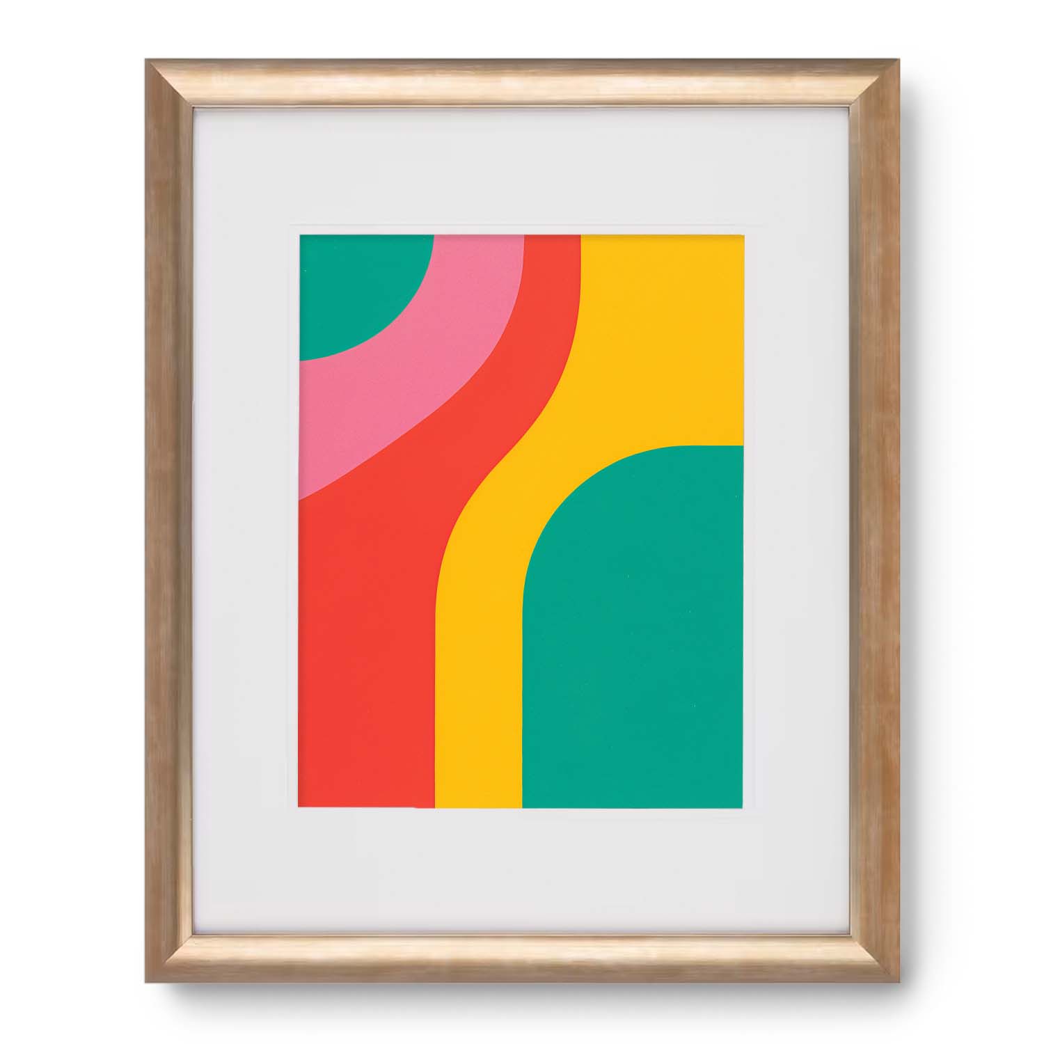 Abstract geometric artwork with curvilinear shapes in bold colors, framed as Good Vibrations wall art prints by Stannie & Lloyd and displayed on a white background.