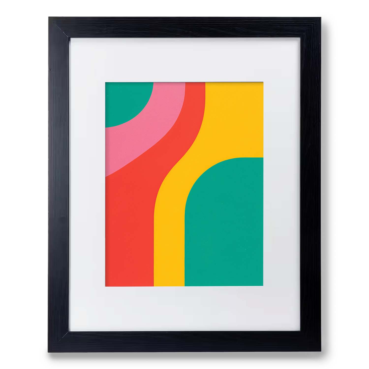 A framed abstract vintage Good Vibrations wall art with bold, curved shapes in red, yellow, and green colors by Stannie & Lloyd.