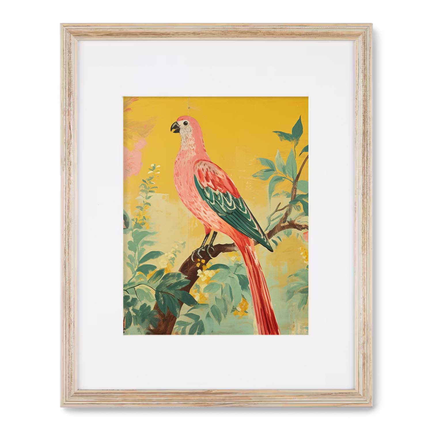 A Vintage Parrot perched on a branch, displayed in a Stannie & Lloyd wooden frame.