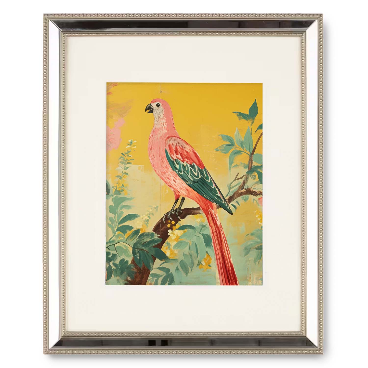 This Vintage Parrot framed print from Stannie & Lloyd of a vibrant pink parrot sitting on a branch is made with high quality paper and enclosed in a sleek wood frame.