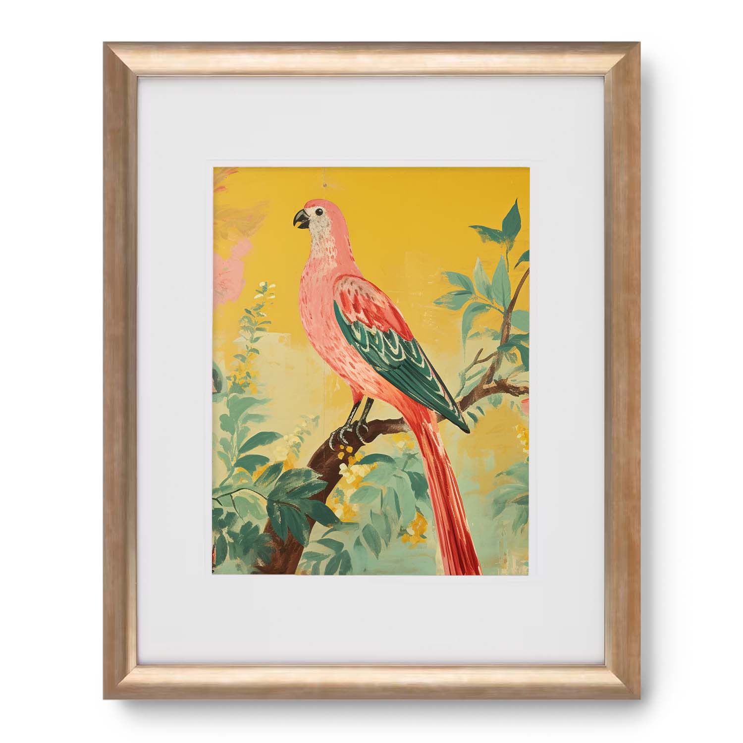 A Vintage Parrot framed print of a pink parrot sitting on a branch, showcased in a Stannie & Lloyd wood frame.