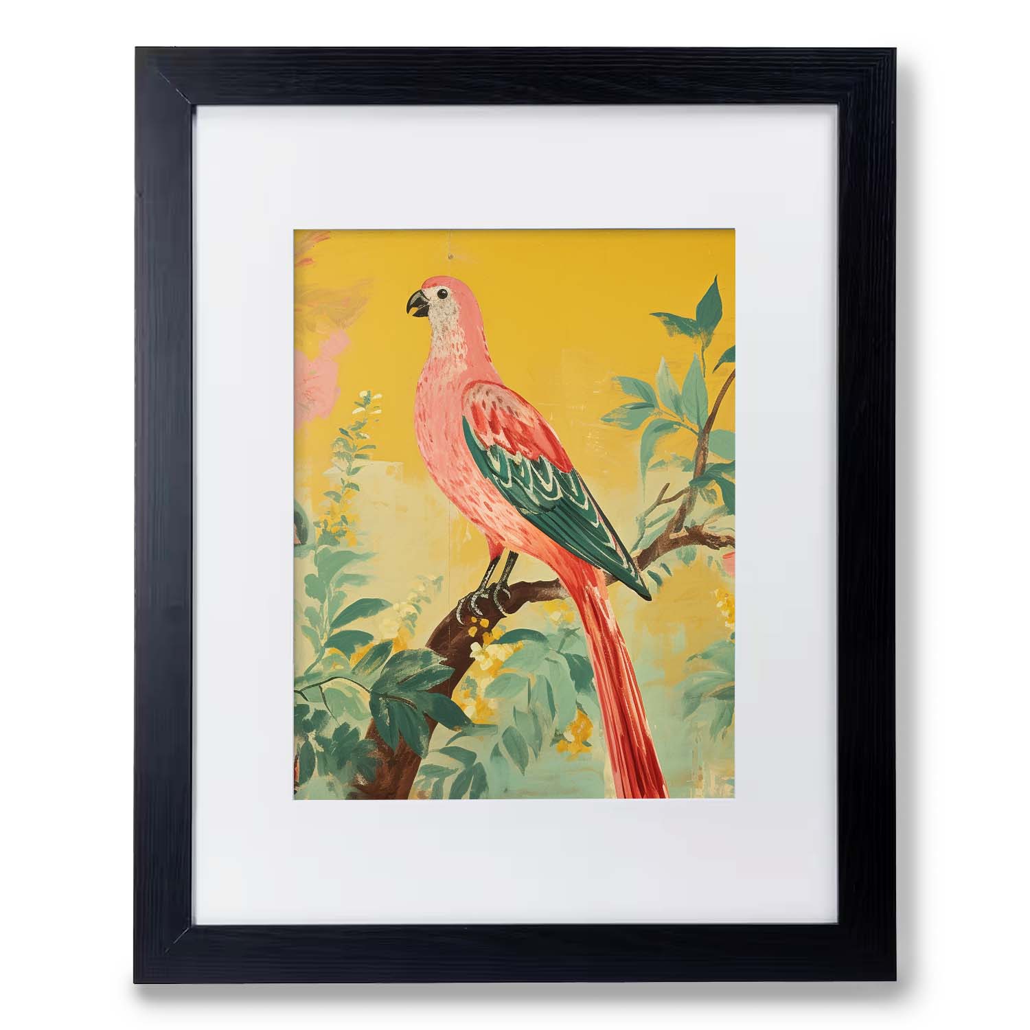 A framed Vintage Parrot print of a pink parrot sitting on a branch, displayed in a Stannie & Lloyd wood frame.