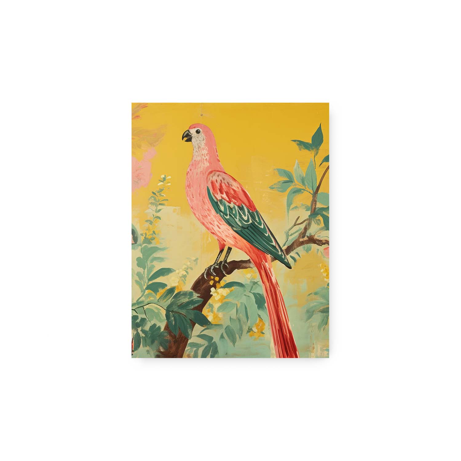 A painting of a Vintage Parrot by Stannie & Lloyd on a yellow background, beautifully framed in a wood frame.