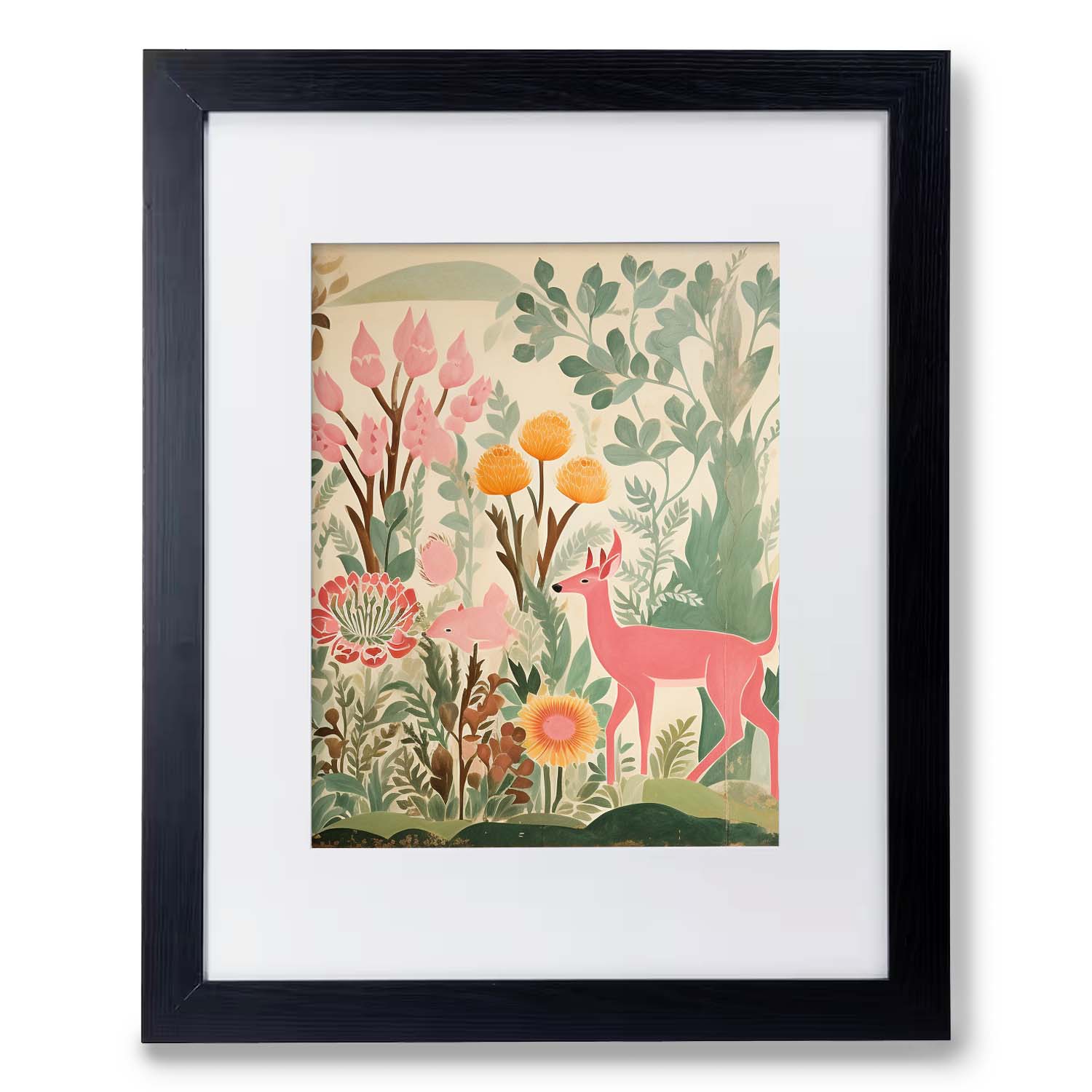 A Perthshire Framed Art print with a deer and flowers in a Stannie & Lloyd Wood frame.