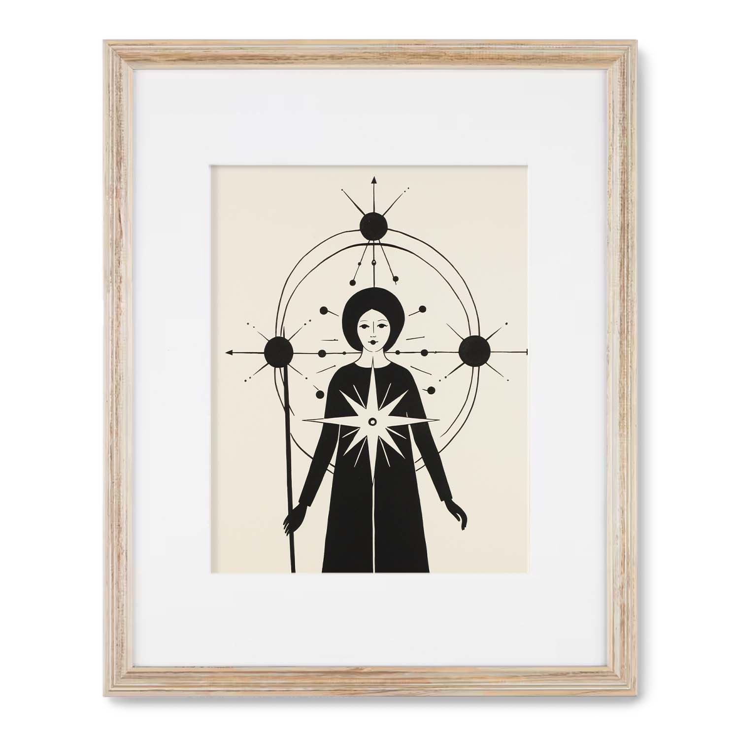 Framed art prints of "The World Within" by Stannie & Lloyd, a stylized figure with celestial motifs, perfect as wall art for the living room.