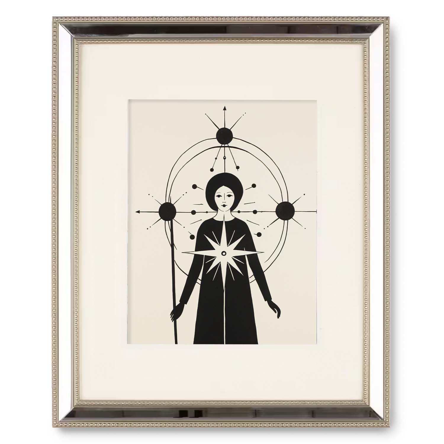 Framed vintage art of a stylized woman with celestial motifs by Stannie & Lloyd's The World Within.