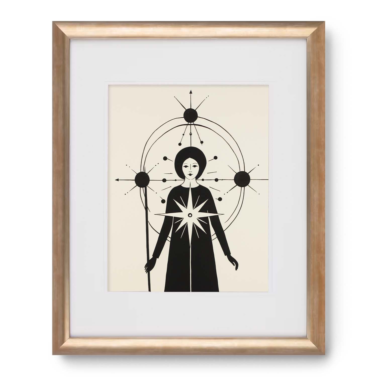 Framed vintage art of "The World Within" by Stannie & Lloyd, a stylized female figure with celestial motifs, perfect as wall art for living room.