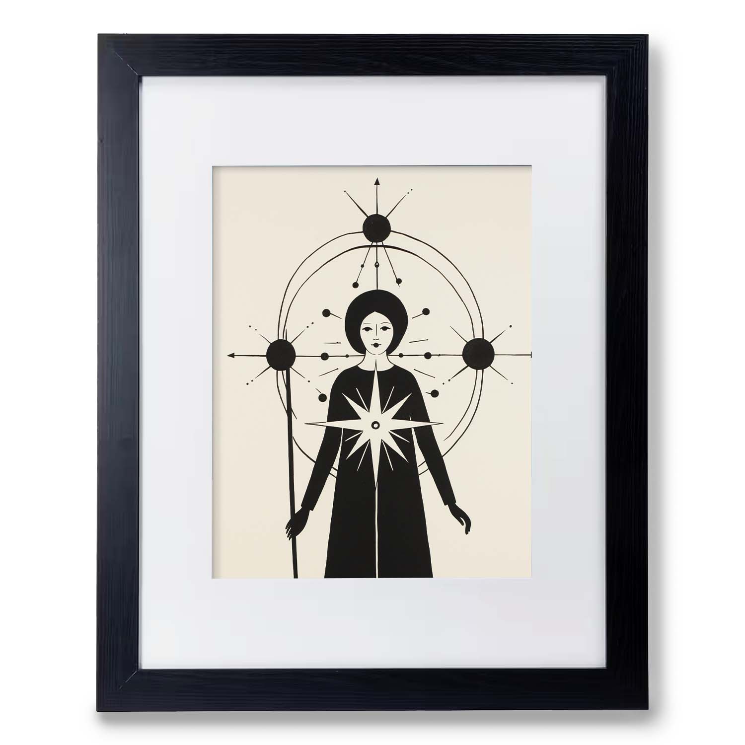 Abstract art print featuring The World Within by Stannie & Lloyd featuring a stylized female figure with celestial motifs in a black frame, perfect for walls with art.