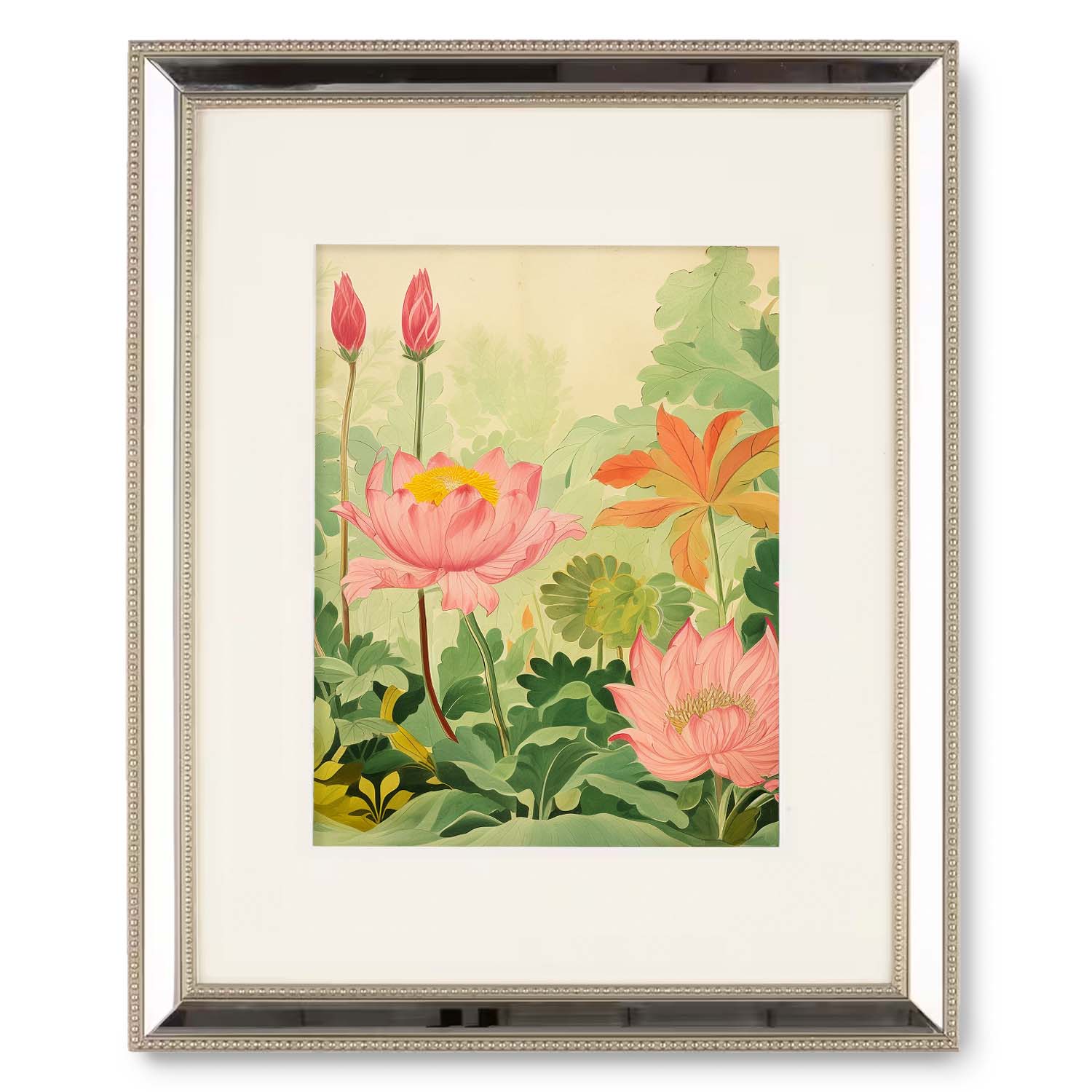 A framed print of pink lotus flowers in a silver frame with a Stannie & Lloyd wood frame.