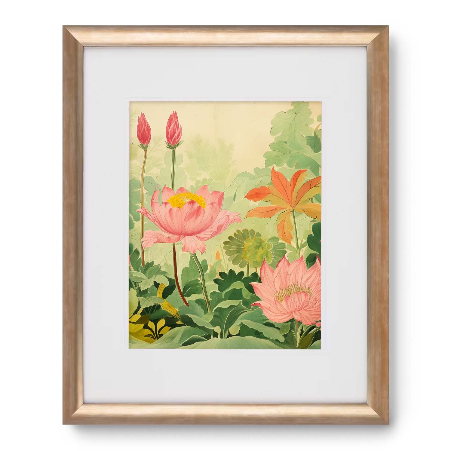 A Botanic Floor lotus print in a Stannie & Lloyd gold frame with hanging hardware.