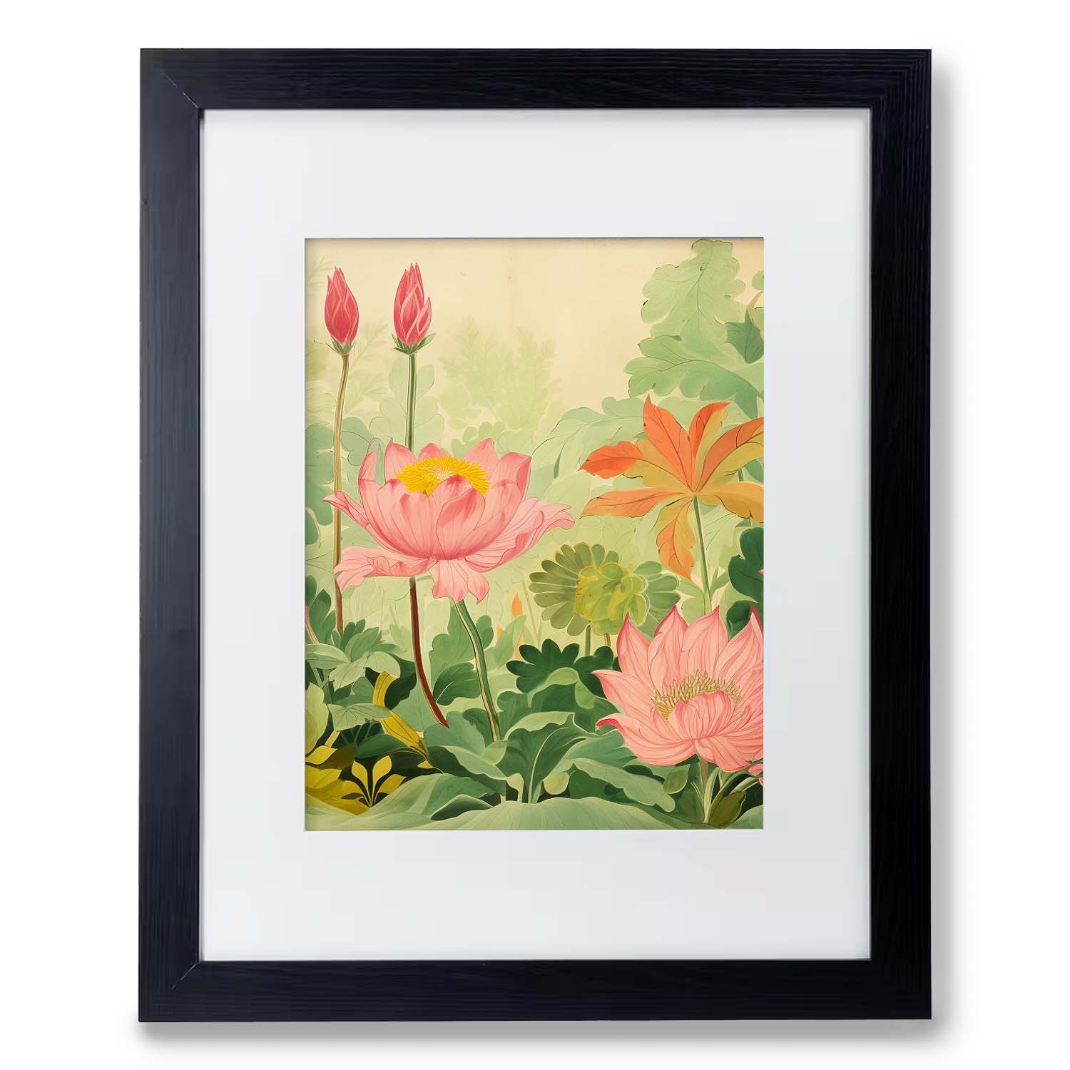 A Stannie & Lloyd Botanic Floor framed art print with pink lotus flowers. The wood frame adds a touch of elegance to this framed art piece, making it perfect for any decor style. It comes ready to hang.