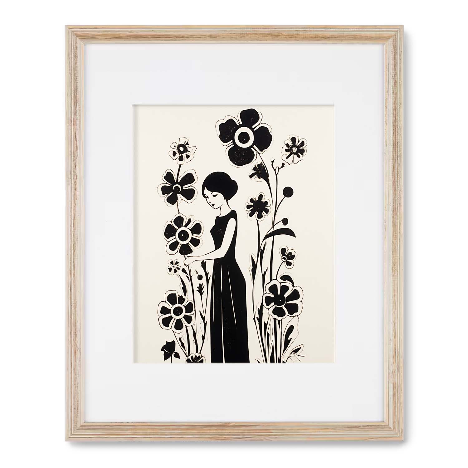 A Stannie & Lloyd framed black and white vintage art featuring a stylized depiction of a woman among flowers on walls with Bookplate.