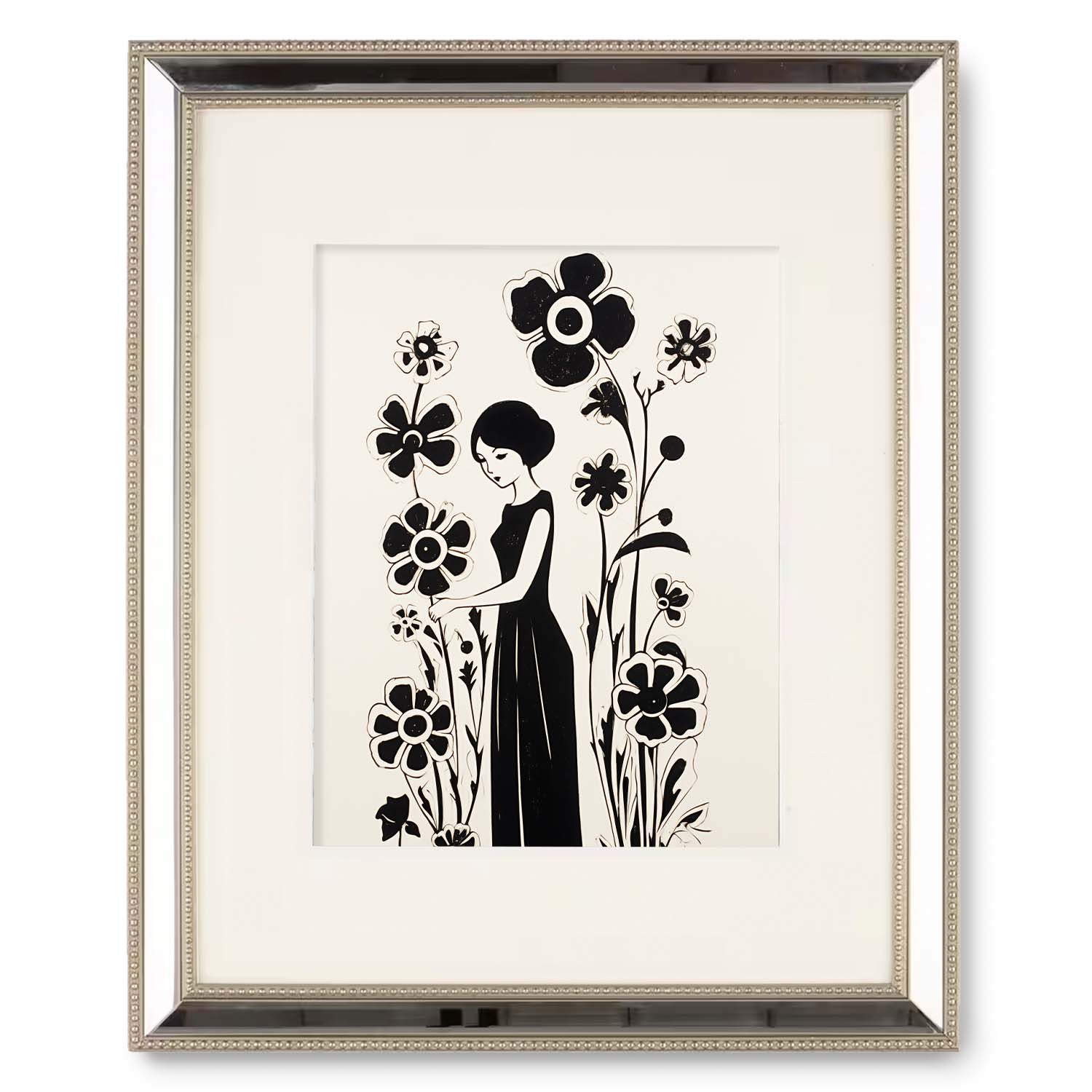 Black and white floral art prints featuring a stylized female figure among large flowers, presented as wall art for living room in a framed display by Stannie & Lloyd.