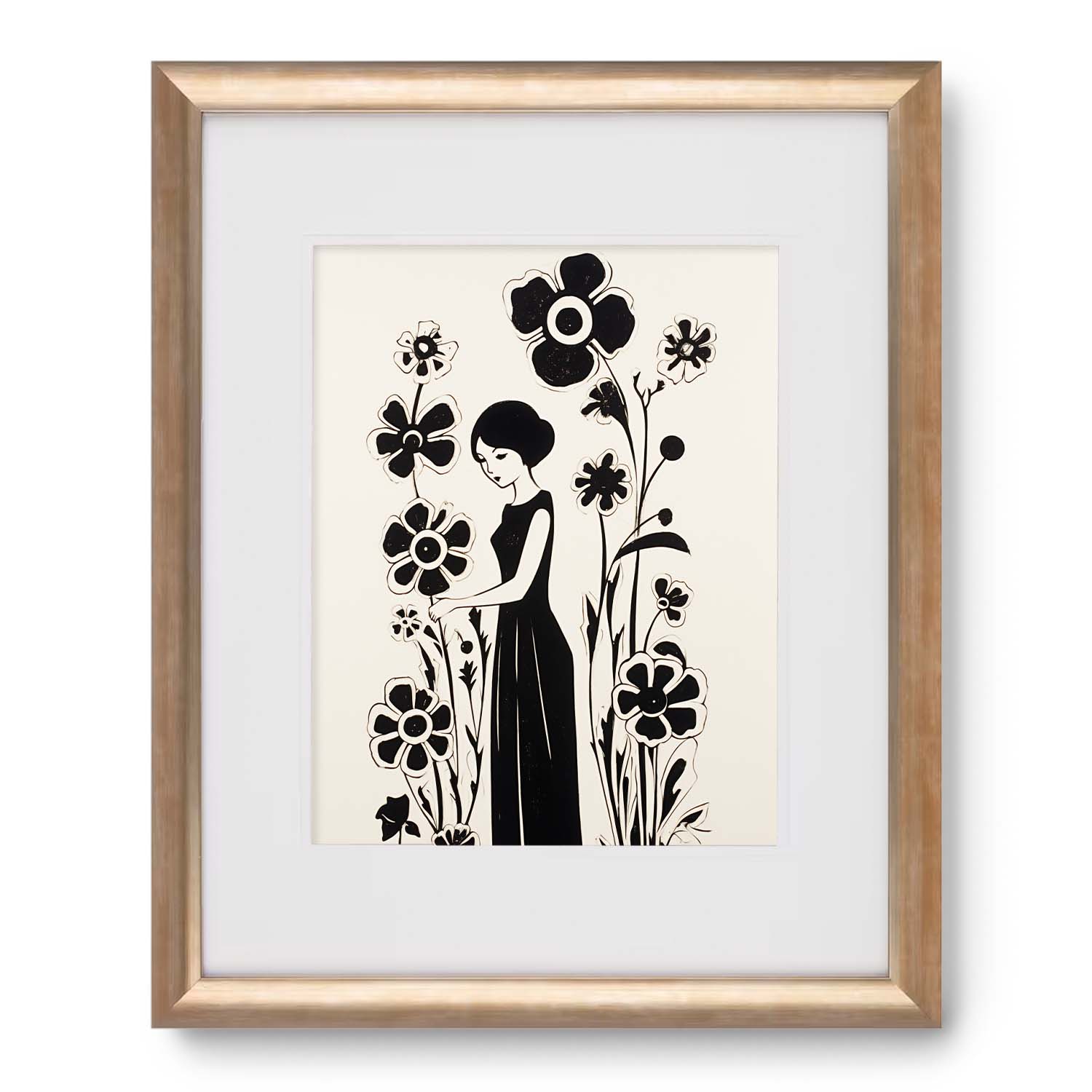 A framed black and white vintage art of a woman among stylized flowers, perfect as wall decor for the living room by Stannie & Lloyd's Bookplate.