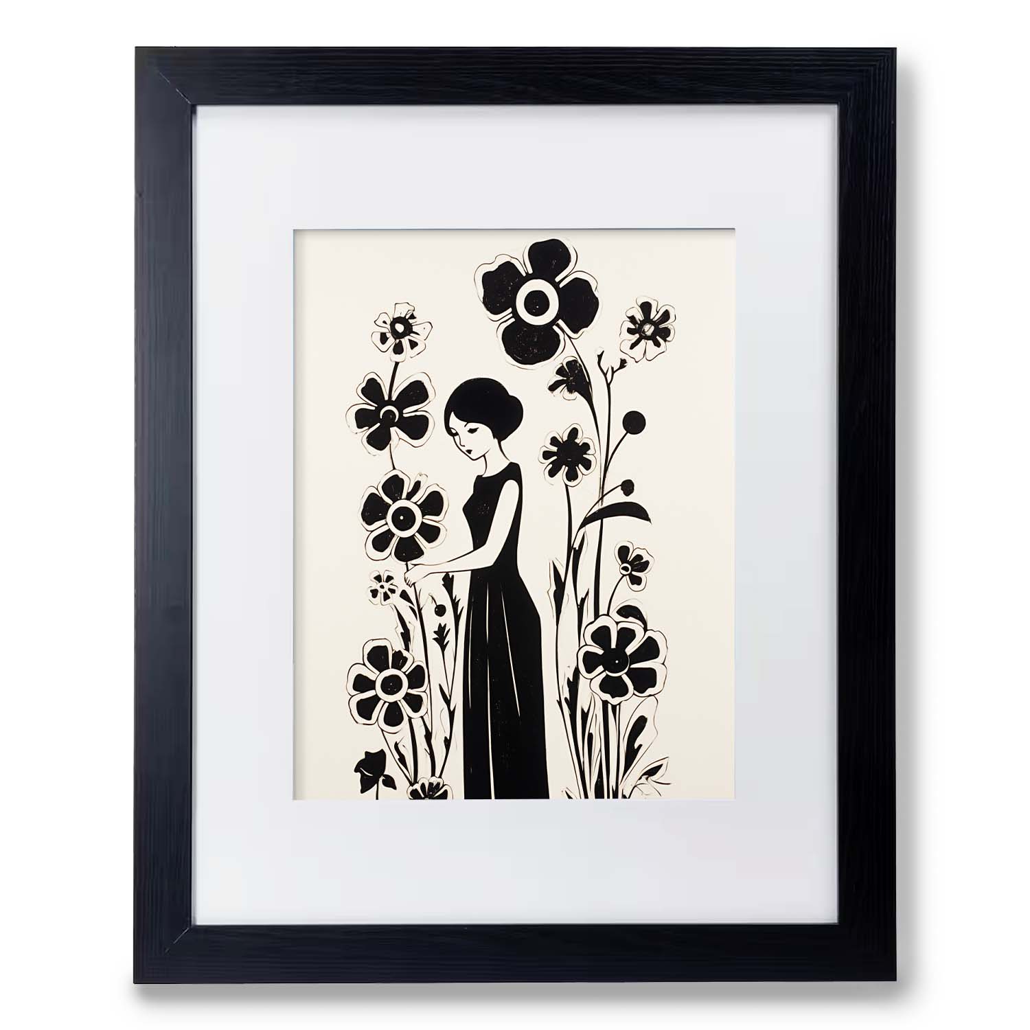 A framed Stannie & Lloyd black and white Bookplate illustration of a woman among stylized flowers, perfect as wall art for living room.