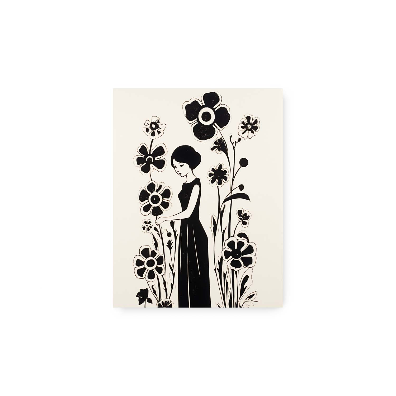 A black and white vintage art illustration of a stylized woman among tall flowers, perfect as wall art for living room featuring Stannie & Lloyd bookplate.