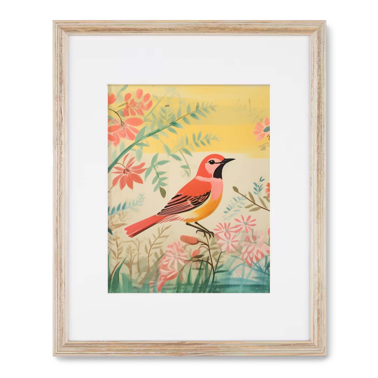 Illustration of a colorful bird among floral patterns, serving as Stannie & Lloyd's "Pond in the Morning" wall art for living room, framed and displayed.