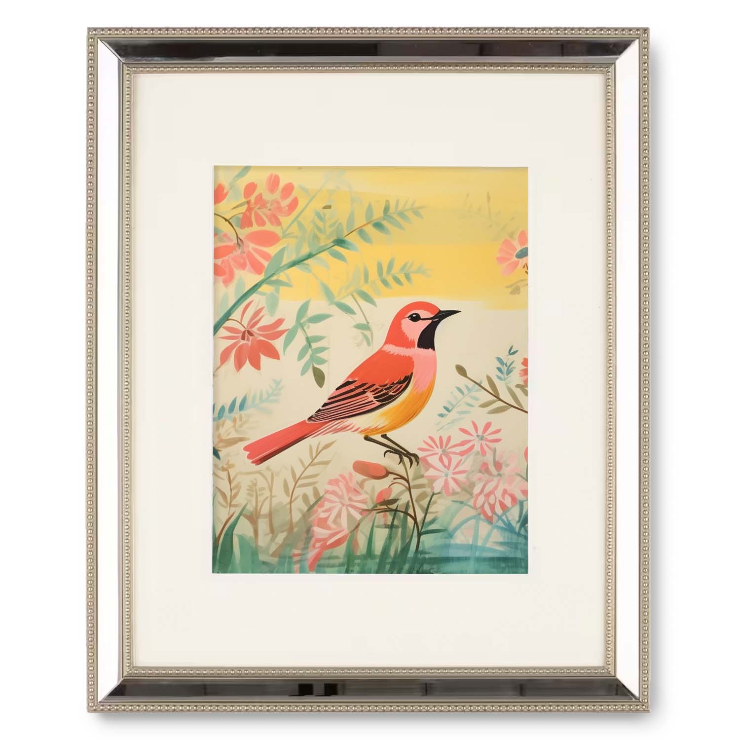 Framed Pond in the Morning art illustration of a colorful bird among floral patterns, perfect as wall decor by Stannie & Lloyd.