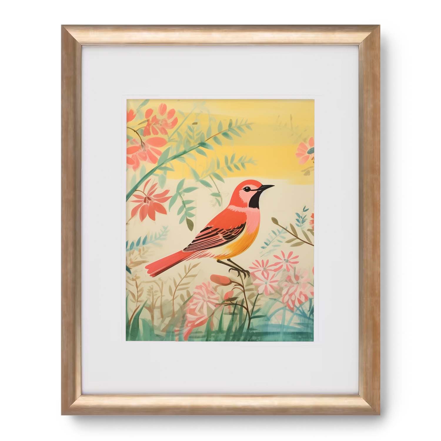 Illustration of Pond in the Morning, a colorful bird amidst floral patterns, serving as vintage art framed on a wall by Stannie & Lloyd.