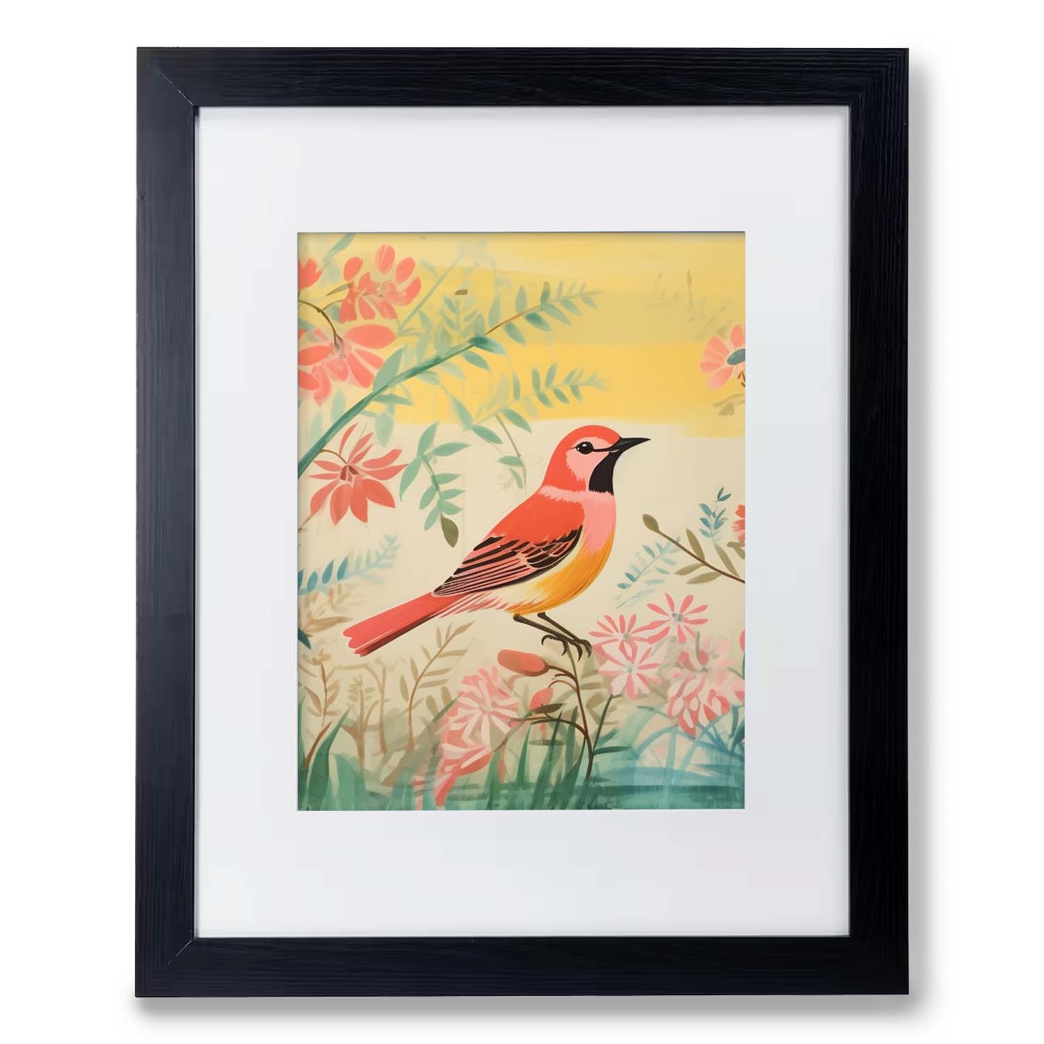 Framed art prints of "Pond in the Morning" by Stannie & Lloyd, featuring a stylized bird perched among colorful flora.