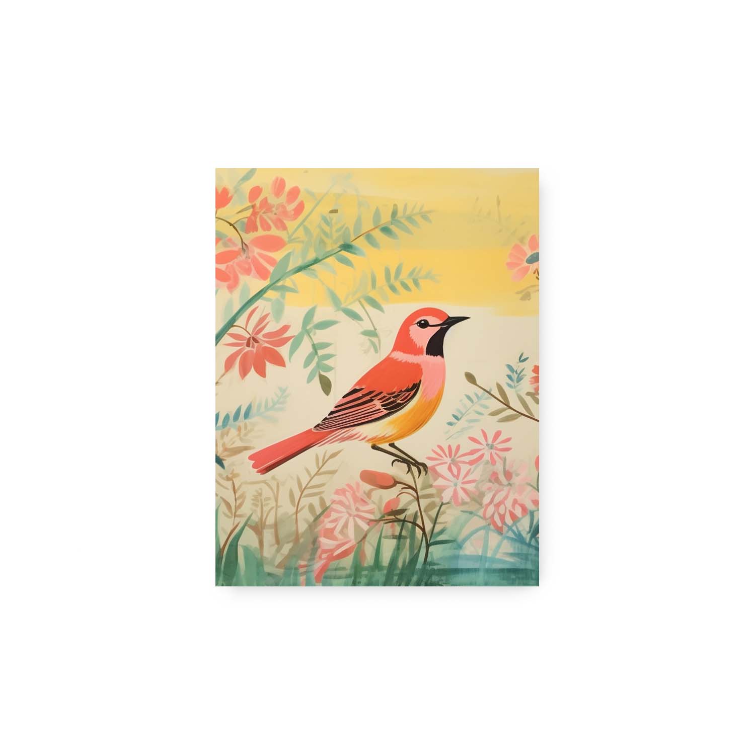 Illustration of a colorful bird perched on a branch amid floral foliage with a pastel background, perfect as wall art for living room, like Pond in the Morning from Stannie & Lloyd.