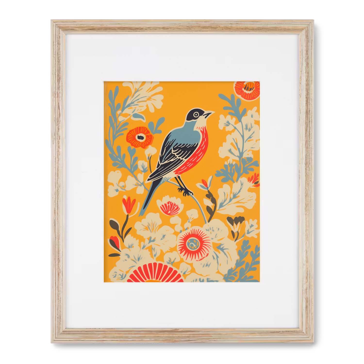 Framed vintage art illustration of a stylized bird perched on a branch amid vibrant floral patterns, ideal as wall art for living room, featuring the "Songbird's Red Chest" by Stannie & Lloyd on an orange background.