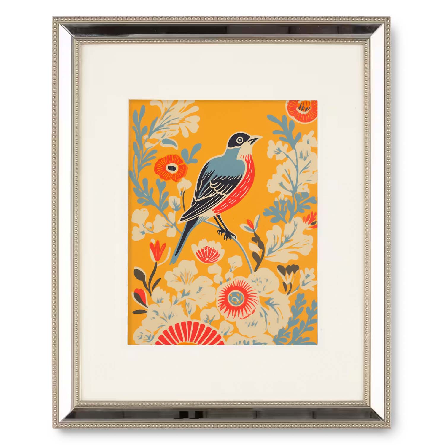 Colorful illustration of Songbird's Red Chest among floral patterns in vintage art wall decor by Stannie & Lloyd.