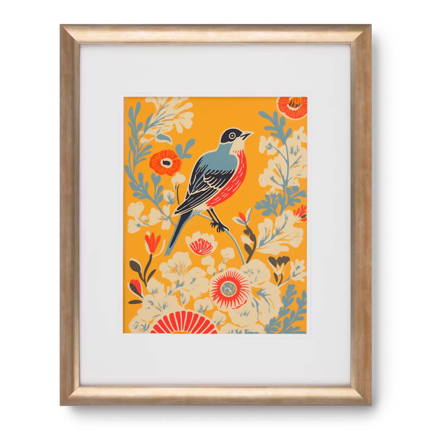 Illustration of the Songbird's Red Chest perched on a branch amid floral patterns, framed on a wall as part of a collection of vintage art prints by Stannie & Lloyd.