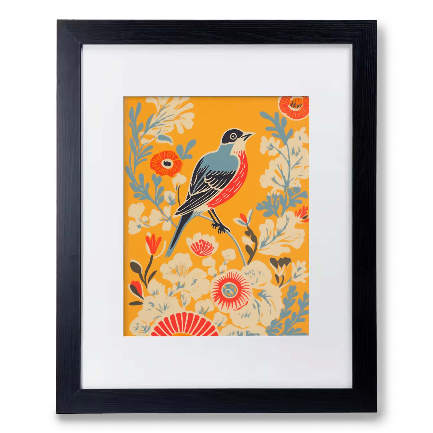 Framed illustration of Songbird's Red Chest amongst colorful floral patterns on a yellow background, perfect as vintage wall art for the living room by Stannie & Lloyd.