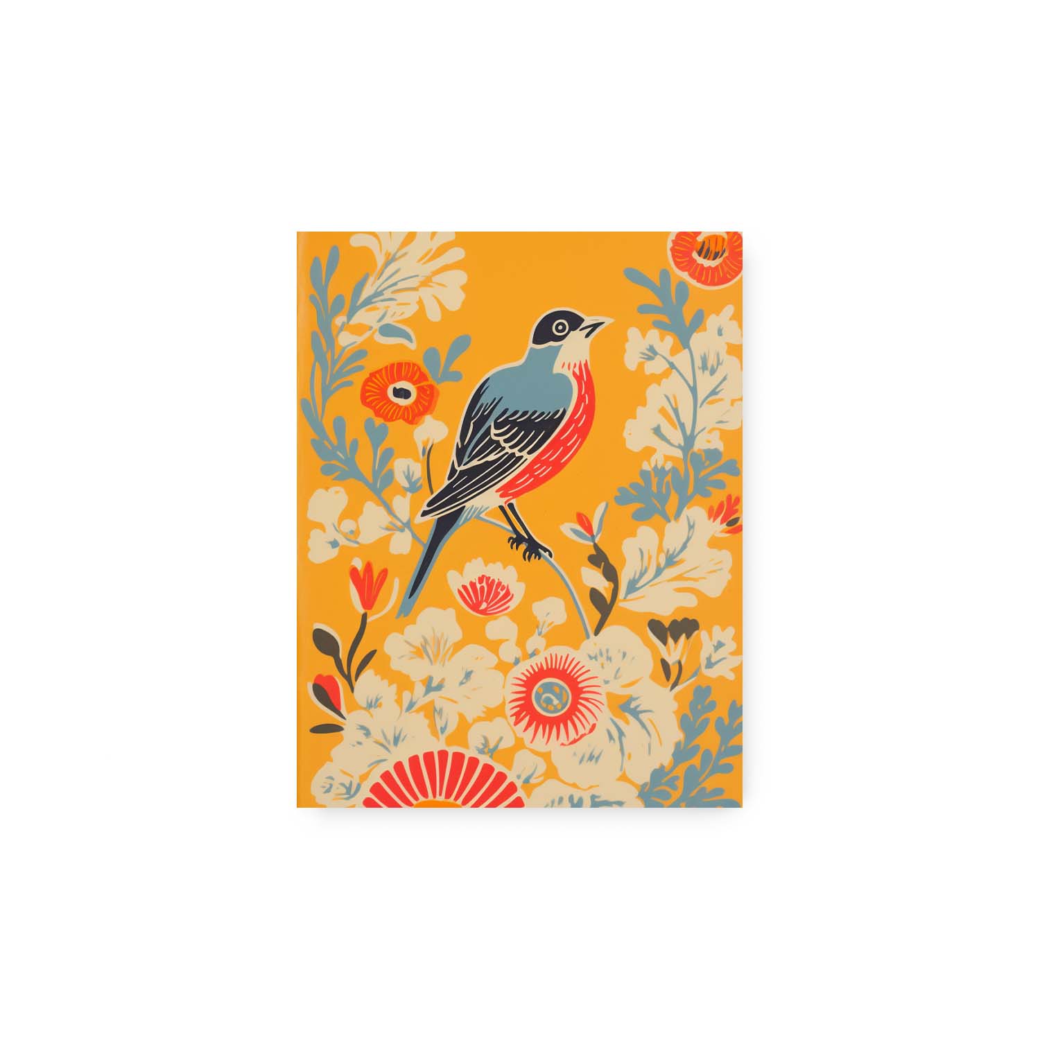 Illustration of a Songbird's Red Chest perched on a floral branch against an orange background, perfect for vintage art prints and art on walls by Stannie & Lloyd.