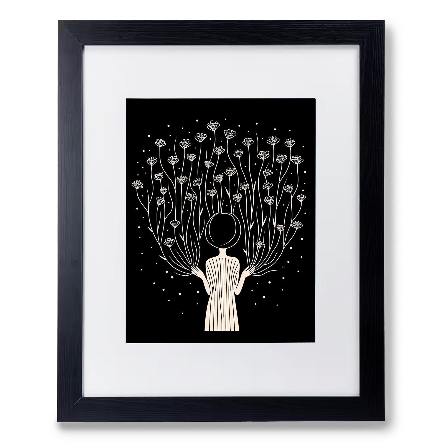 A modern wall art print of "You Are Made of Stardust" by Stannie & Lloyd, featuring a woman holding flowers.